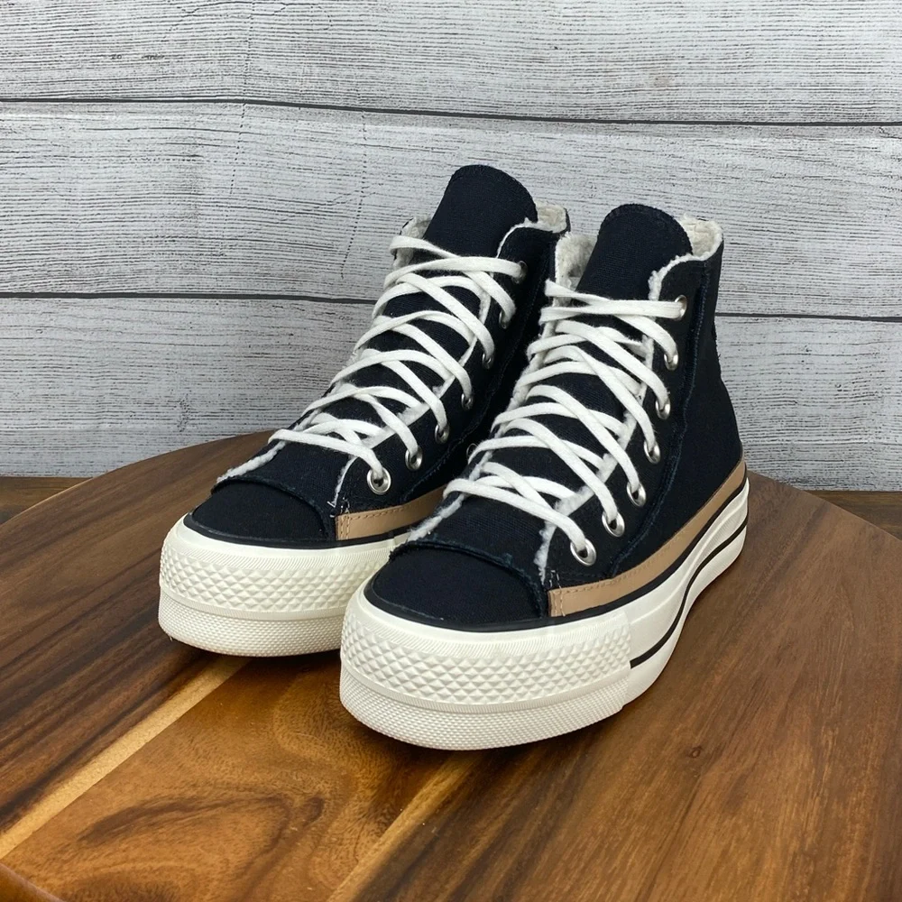 Converse Chuck Taylor All Star Raw Edge Platform High Black Champagne Tan Sz 6.5